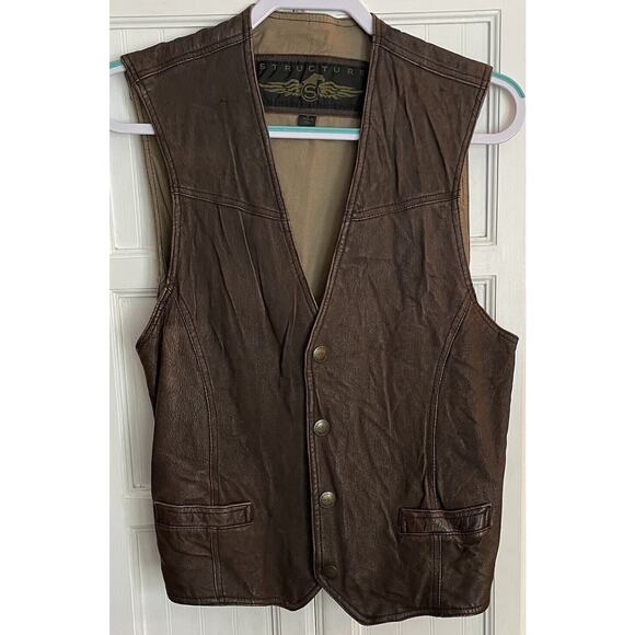 Vintage STRUCTURE Leather Men's Vest Small Snap Brown Riding Biker Western Rodeo - Picture 1 of 13